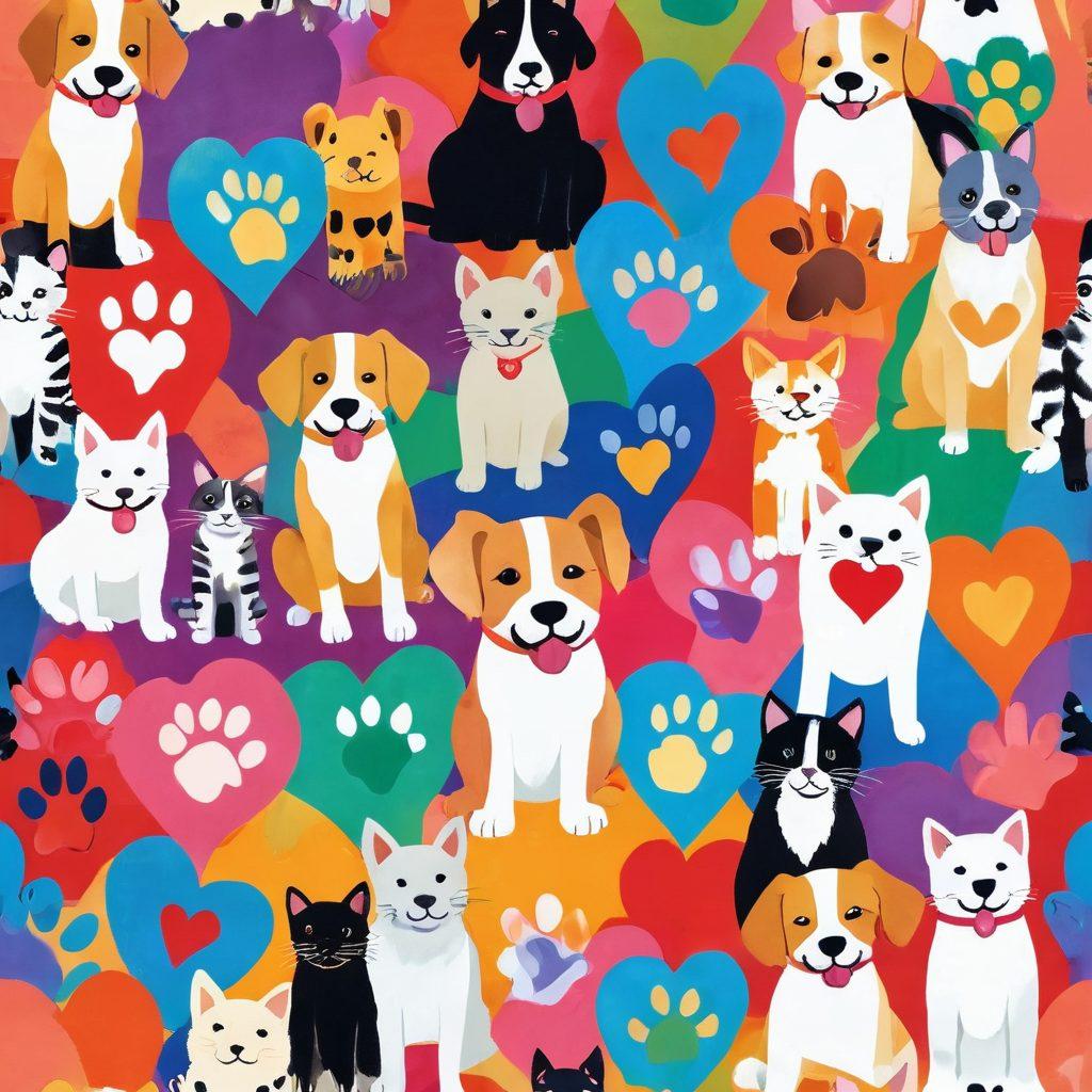 A vibrant collage showcasing heartwarming animal rescue moments, including a smiling dog wagging its tail, a playful cat being cuddled, and a group of diverse animal lovers volunteering. The background bursts with colorful paw prints and hearts, symbolizing community love for animals. Super-realistic. Bright and cheerful colors. Soft focus to enhance warmth.