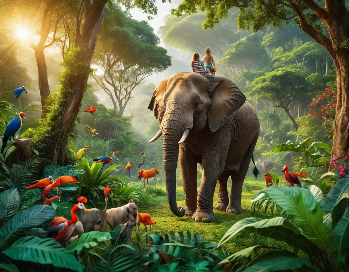 A lively scene in a lush green jungle showcasing diverse wildlife like elephants, monkeys, and colorful birds, alongside a loving pet owner interacting with their playful dog. Bright and vibrant colors highlight the joy of animal companionship and the thrill of wildlife adventures, with hints of lush foliage and sunlight filtering through the trees. A playful mood with a sense of exploration and care for animals. super-realistic. vibrant colors. nature background.