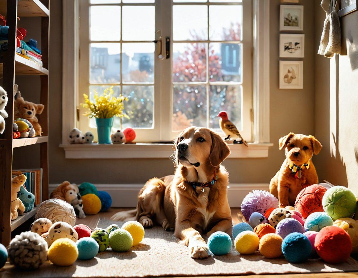 A heartwarming scene featuring a variety of pets including a dog, a cat, a rabbit, and a bird nestled together in a cozy living room filled with colorful pet toys and care supplies. Sunlight streams through a window, casting a warm glow on their playful faces, symbolizing love and companionship. Include a handwritten sign in the background that says 'Paws and Claws'. vibrant colors. super-realistic.